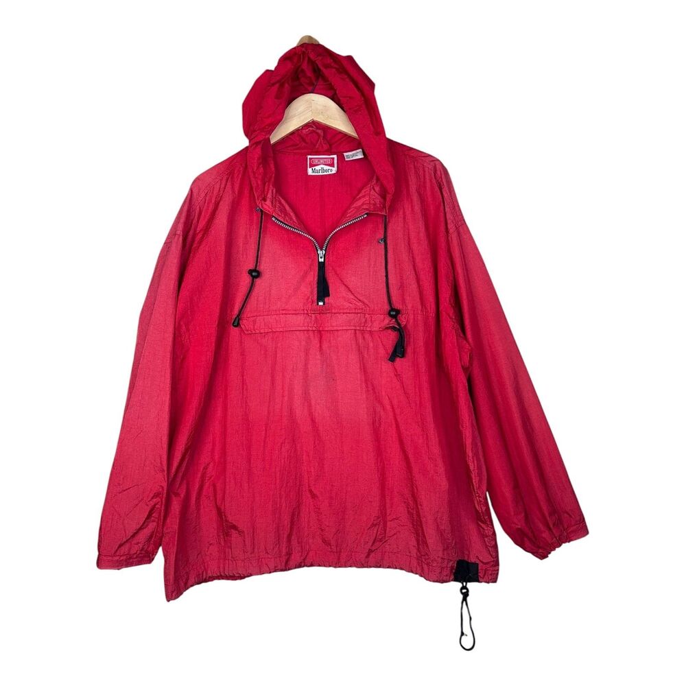 Vintage Marlboro Jacket Mens Large Red Unlimited Hooded 1/4 Zip Windbreaker 90s